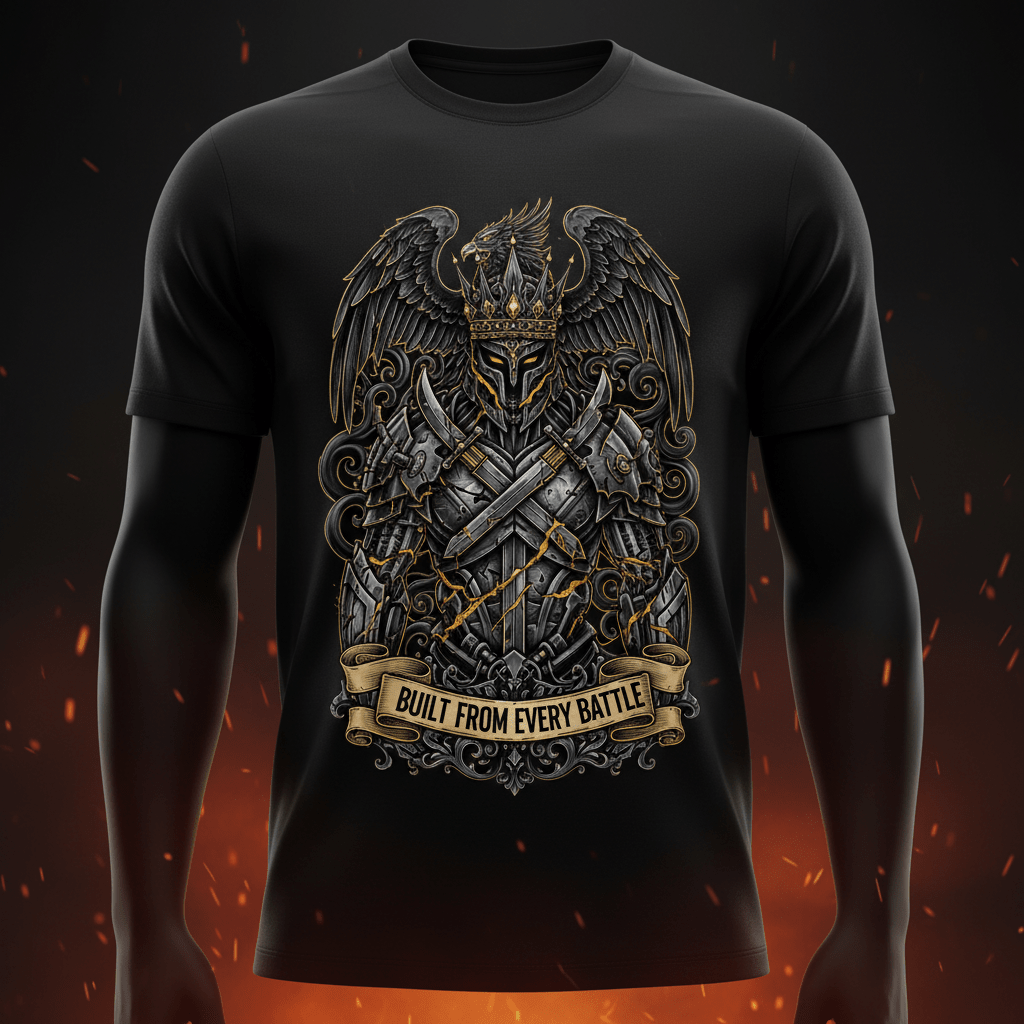 Black t-shirt featuring a winged, crowned warrior in armor with the text "Built From Every Battle" in a gold banner.