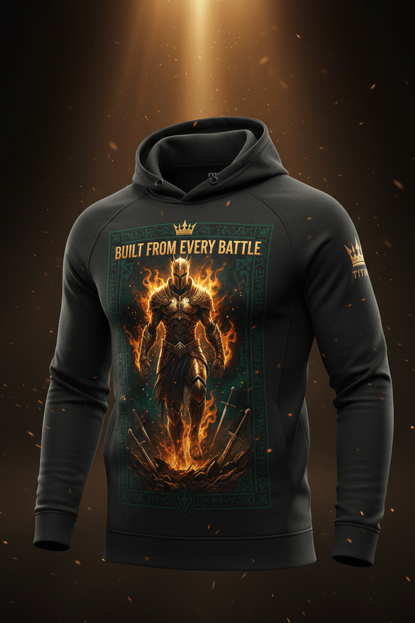 Black hoodie featuring a fiery armored warrior, sword art, and the motivational text: "Built From Every Battle."