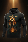 Black hoodie featuring a fiery armored warrior, sword art, and the motivational text: "Built From Every Battle."