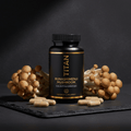TITAN Bunashimeji Mushroom supplement bottle with gold text, flanked by raw mushrooms and capsules on a black slate.