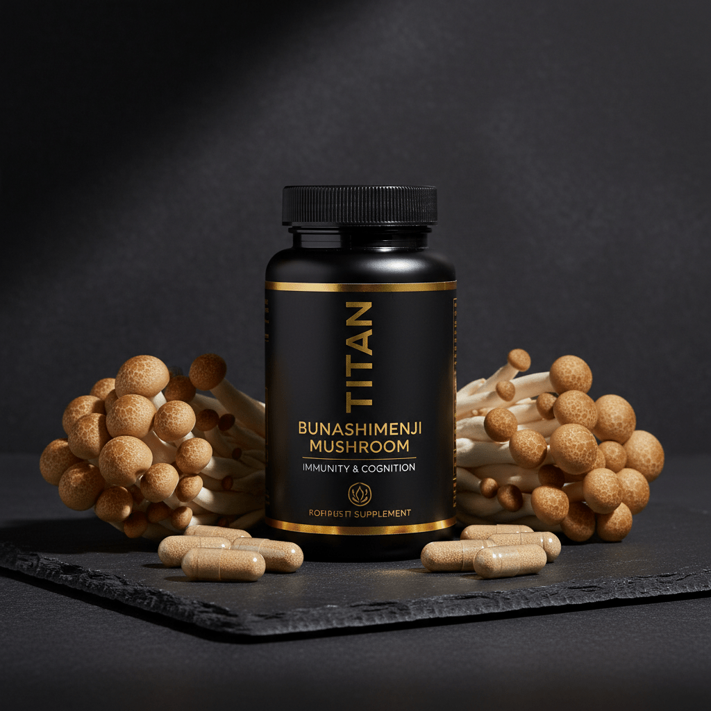 TITAN Bunashimeji Mushroom supplement bottle with gold text, flanked by raw mushrooms and capsules on a black slate.