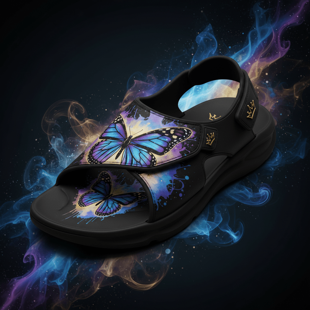 Black Titan sport sandal featuring blue butterfly art, purple watercolor splashes, and gold crown logos.