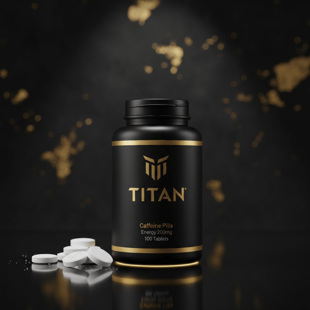 Black and gold bottle of TITAN Caffeine Pills (200mg, 100 count) with white tablets scattered on a dark surface.
