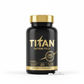 Black bottle of Titan Caffeine Pills with a gold cap, logo, and text against a white background with loose tablets.