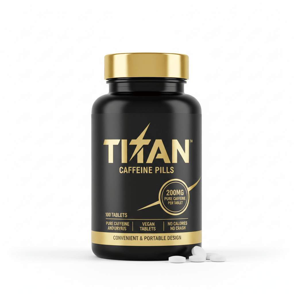 Black bottle of Titan Caffeine Pills with a gold cap, logo, and text against a white background with loose tablets.
