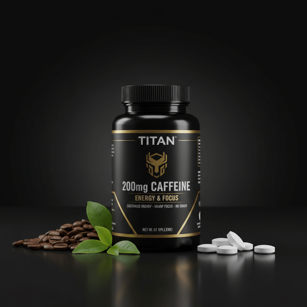 Black supplement bottle with gold Titan logo, labeled 200mg Caffeine. Flanked by coffee beans, green leaves, and pills.