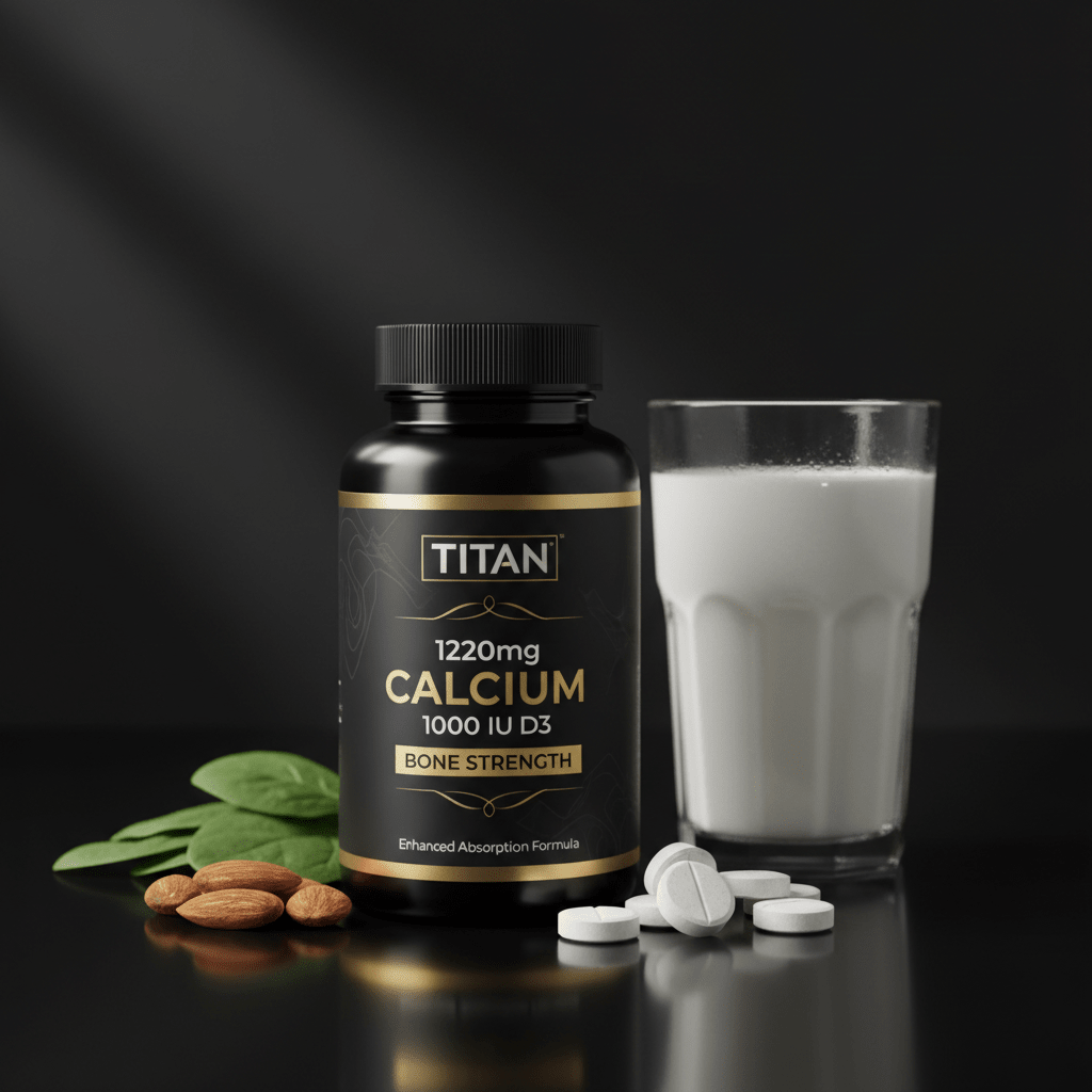 Black bottle of TITAN Calcium + D3, next to a glass of milk, almonds, and spinach leaves on a black surface.