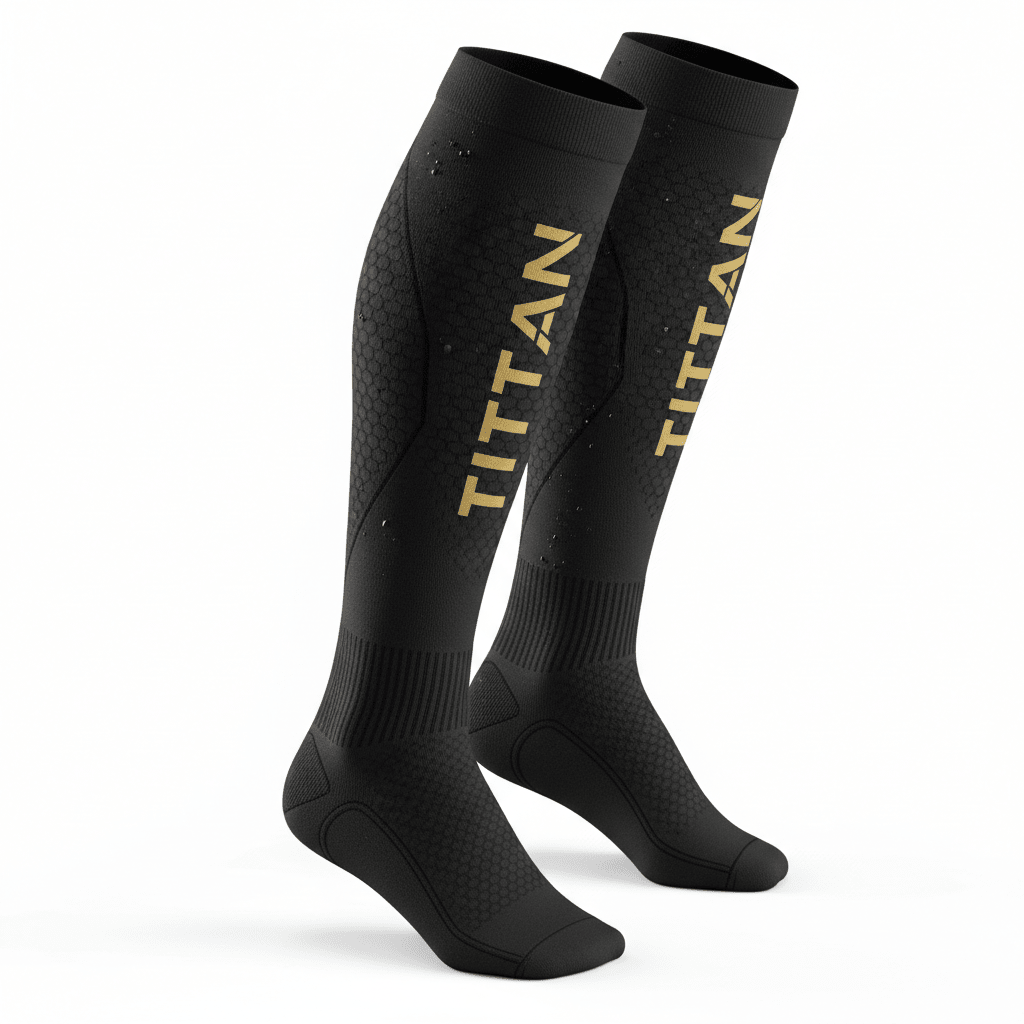 Pair of black compression socks with hexagonal side patterns and vertical gold TITAN branding on white background.