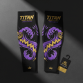 Black Titan Sport Global calf sleeves with purple wave, gold crown, and zigzag print, featuring a branded product tag.