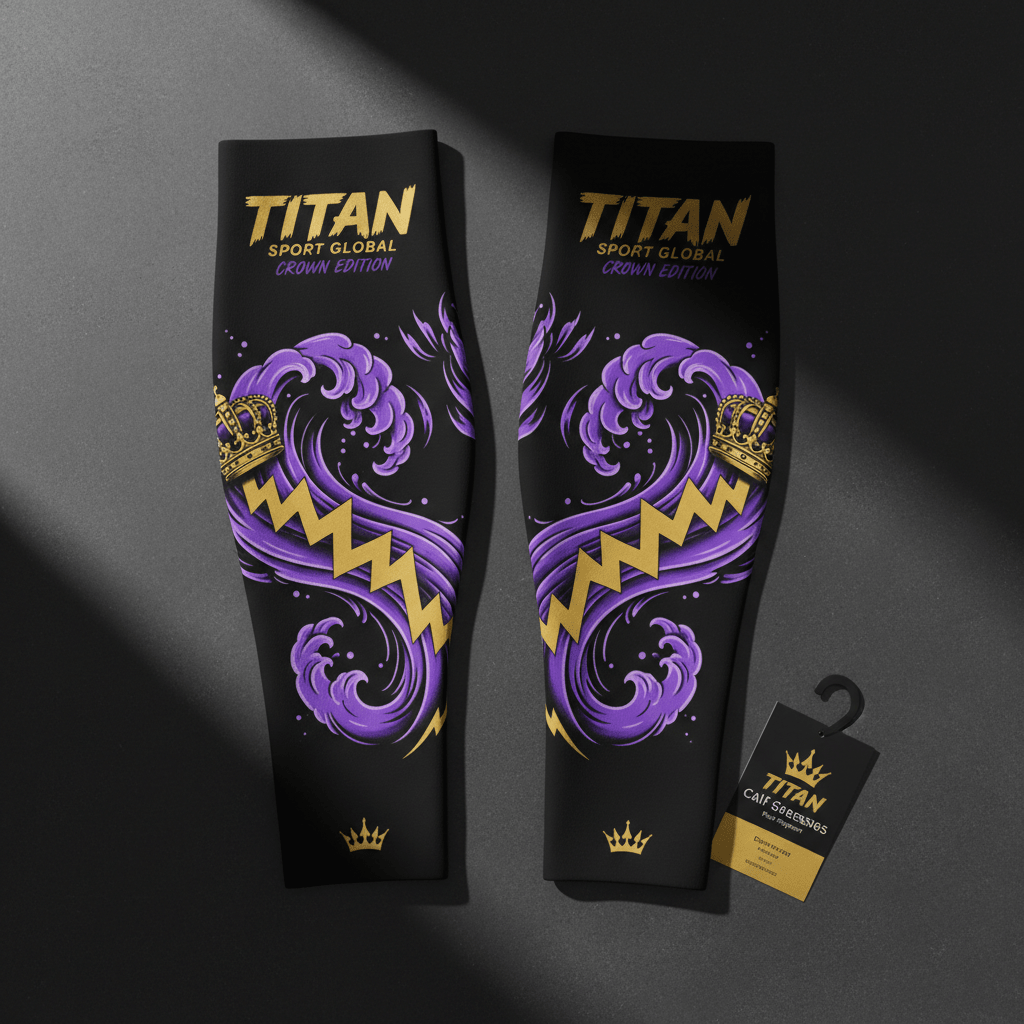 Black Titan Sport Global calf sleeves with purple wave, gold crown, and zigzag print, featuring a branded product tag.