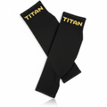 Pair of black compression calf sleeves with ribbed texture and gold embroidered "TITAN" logo at the top.