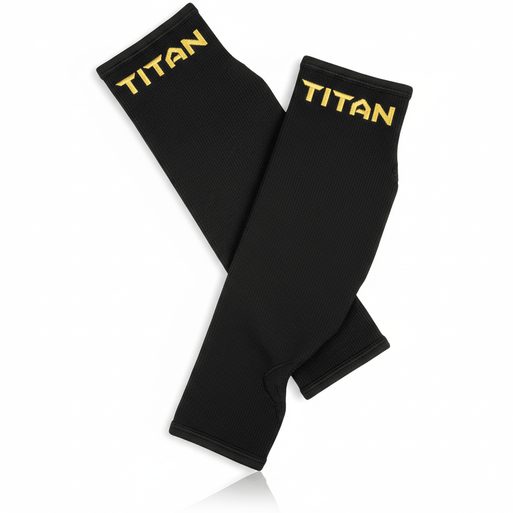 Pair of black compression calf sleeves with ribbed texture and gold embroidered "TITAN" logo at the top.