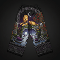 Black lounge pants with a lion on a stone arch, purple-sailed ships, pomegranate tree, and ornate circular borders.
