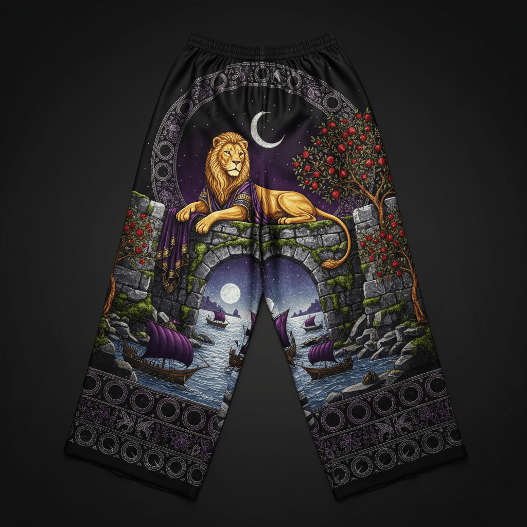 Black lounge pants with a lion on a stone arch, purple-sailed ships, pomegranate tree, and ornate circular borders.