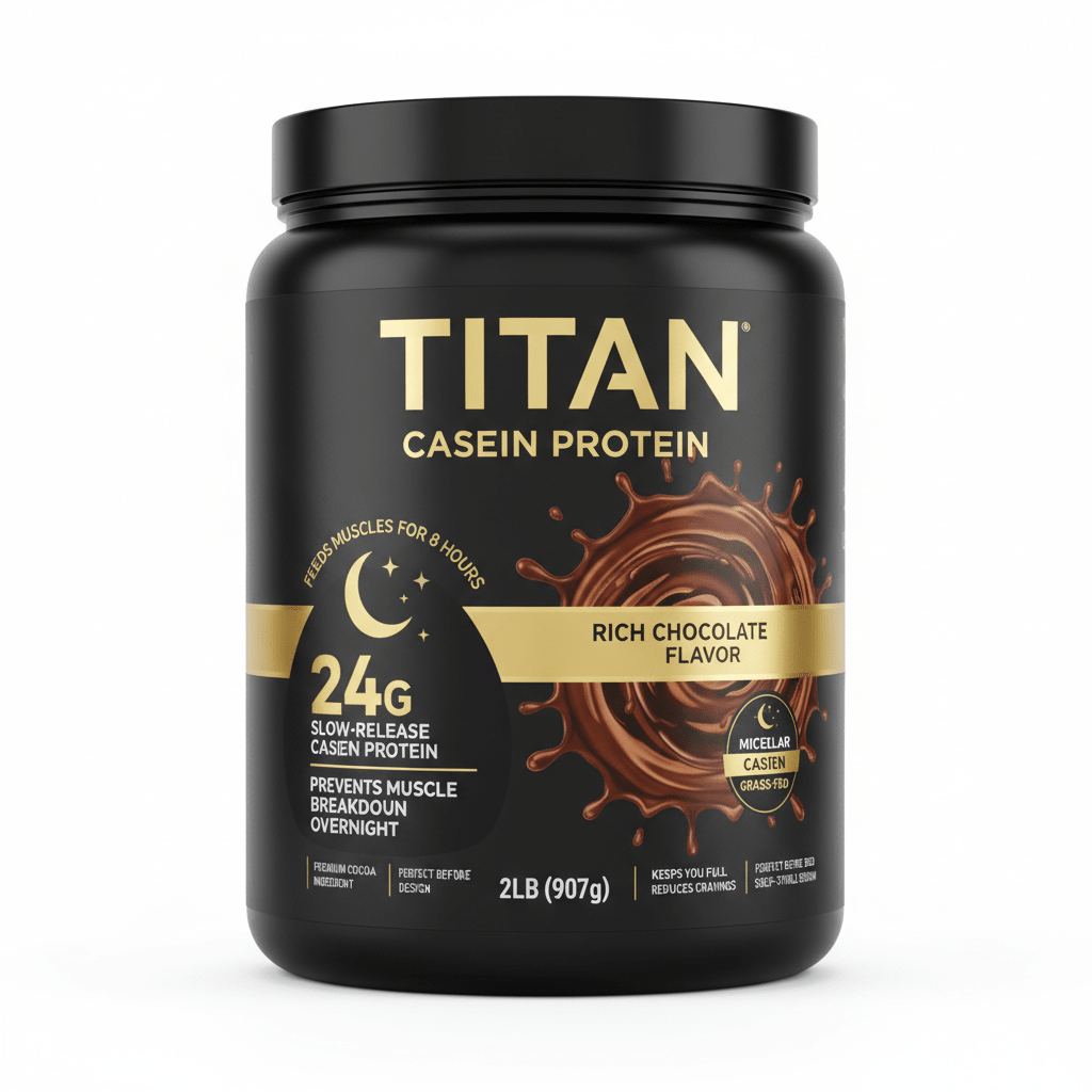 Black 2lb tub of TITAN Casein Protein in Rich Chocolate with gold text and a swirling chocolate splash graphic.
