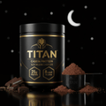 Black and gold TITAN Casein Protein tub with chocolate powder, scoop, and chocolate pieces against a starry night.