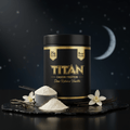 TITAN black and gold Casein Protein tub with vanilla powder, scoop, and vanilla flowers on a dark, moonlit background.