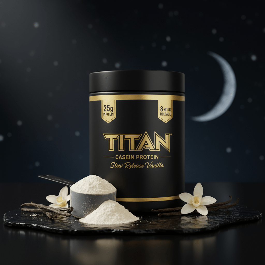 TITAN black and gold Casein Protein tub with vanilla powder, scoop, and vanilla flowers on a dark, moonlit background.