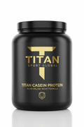 Matte black supplement tub with gold "TITAN" logo, text "Casein Protein," and a lion icon on a white background.