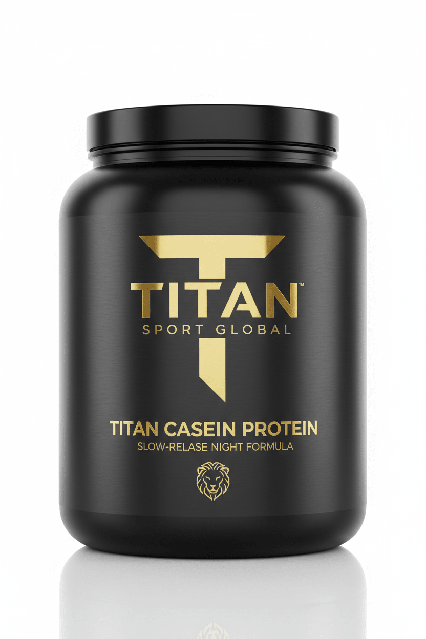 Matte black supplement tub with gold "TITAN" logo, text "Casein Protein," and a lion icon on a white background.