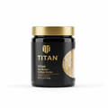 Black jar of TITAN cashew butter with gold lid, logo, and text, featuring a side window showing textured nut butter.