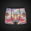 TITAN Celestial Empress boxer shorts featuring a gold throne, pagodas, floating lanterns, cranes, and pink lotus flowers.