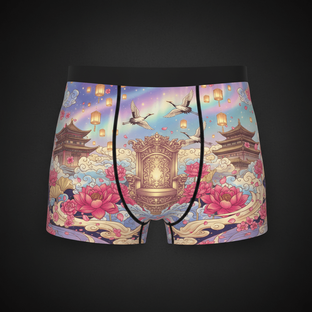TITAN Celestial Empress boxer shorts featuring a gold throne, pagodas, floating lanterns, cranes, and pink lotus flowers.