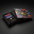 TITAN gift box with crown logo, containing resistance bands, massage balls, and jump rope on a dark artistic pattern.