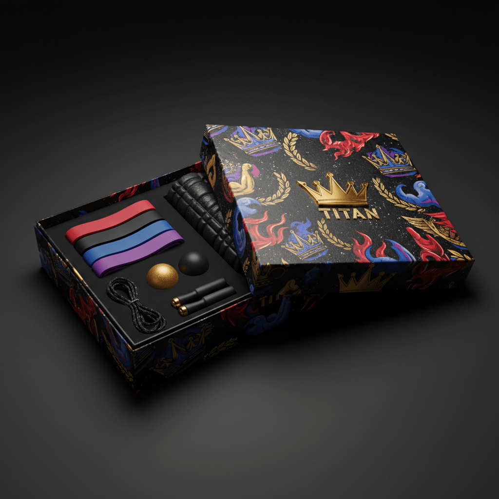 TITAN gift box with crown logo, containing resistance bands, massage balls, and jump rope on a dark artistic pattern.
