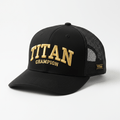 Black mesh-back cap featuring gold embroidered "TITAN CHAMPION" text and a small "TITAN" patch on the side.
