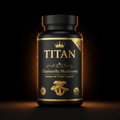 Black supplement bottle with gold "TITAN" logo, Chanterelle Mushroom label, and crown icon, glowing on black background.