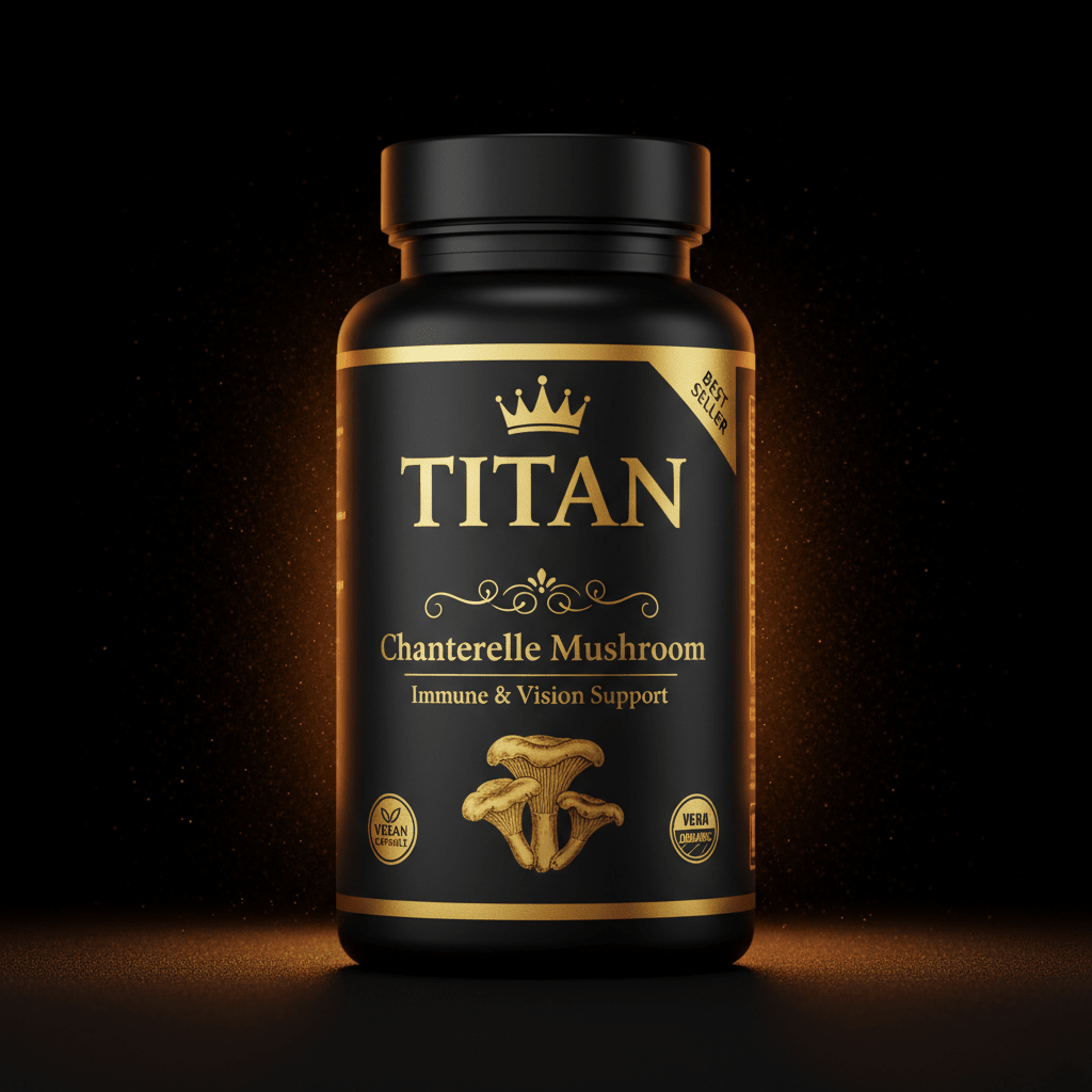 Black supplement bottle with gold "TITAN" logo, Chanterelle Mushroom label, and crown icon, glowing on black background.