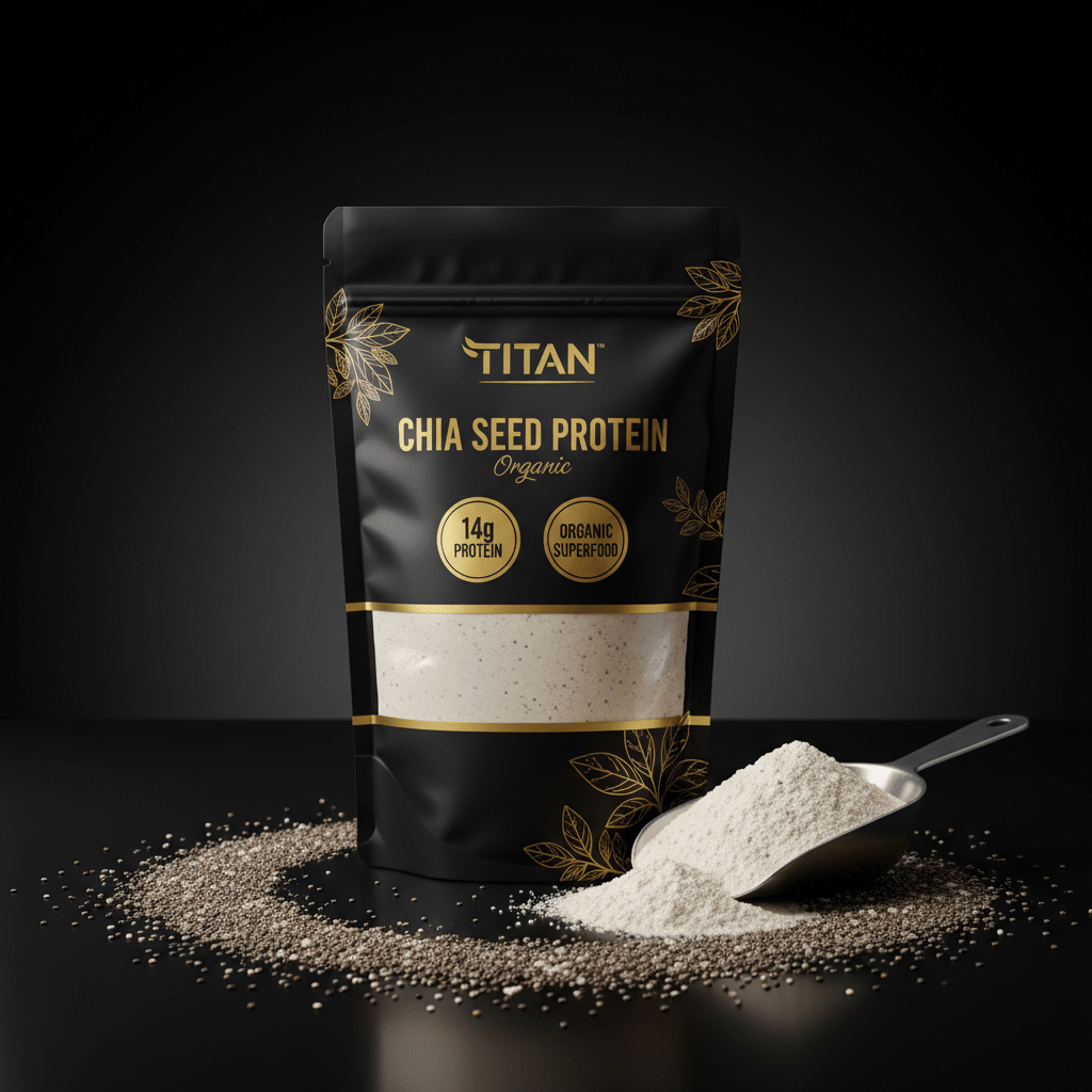 Black pouch of TITAN organic chia seed protein with gold text, clear window, and scoop of powder on dark background.