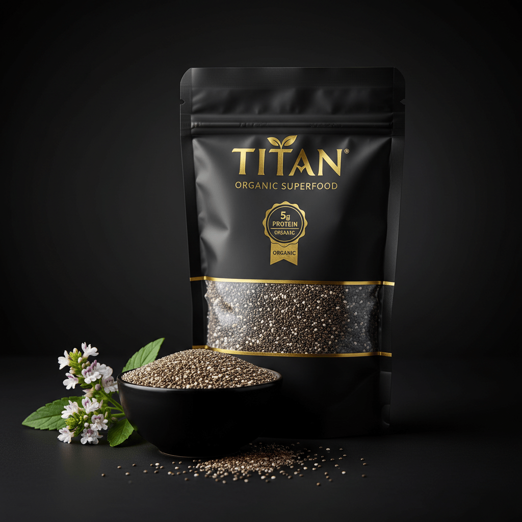Black pouch of TITAN organic chia seeds with gold branding, next to a black bowl of seeds and small white flowers.