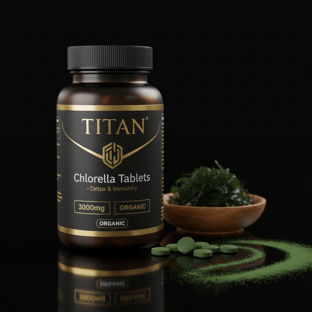 TITAN Chlorella supplement bottle with black and gold label, wooden bowl of chlorella, and green tablets on reflection.