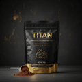 Black and gold pouch of Titan Chocolate Collagen Peptides with 30 servings and a scoop of powder in front.