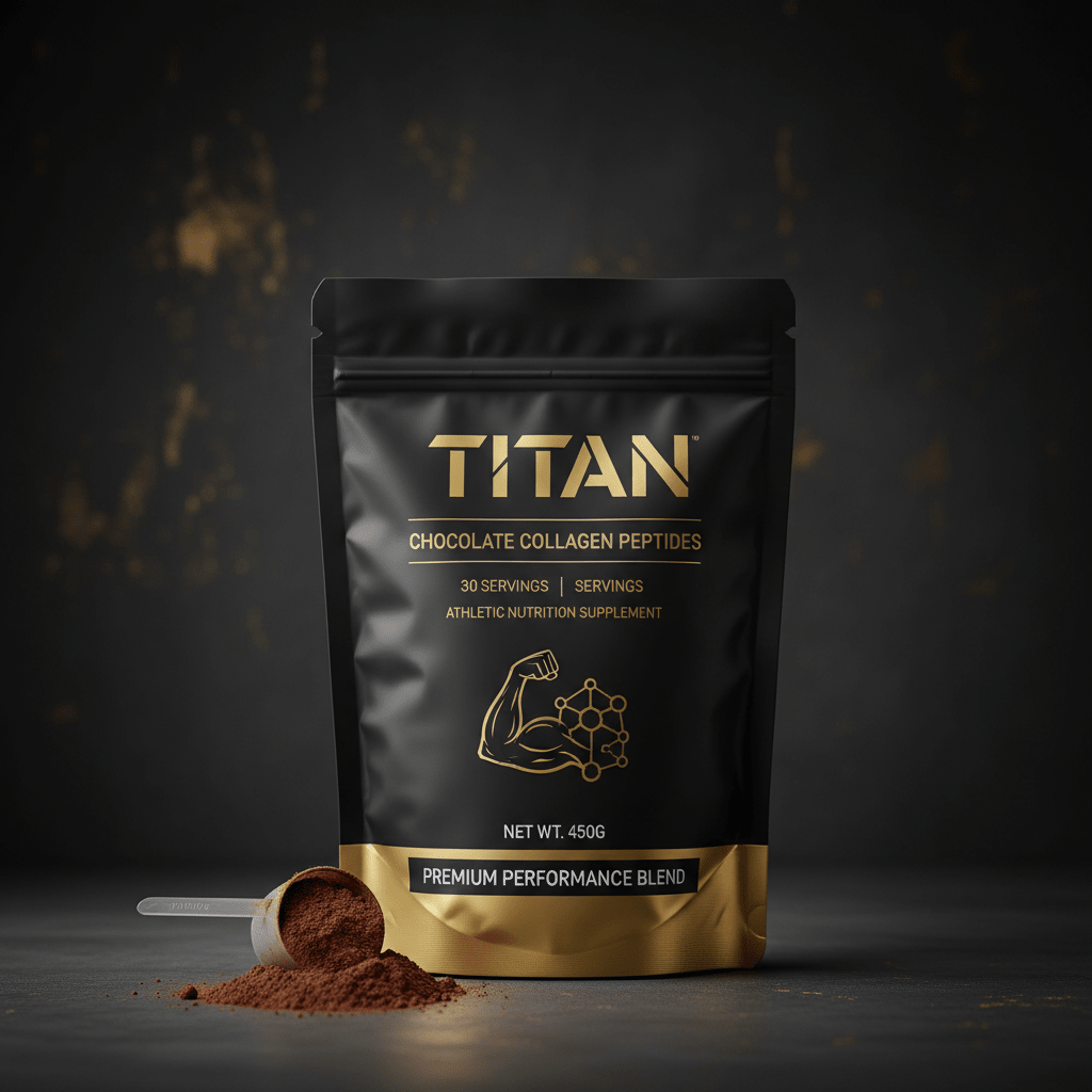 Black and gold pouch of Titan Chocolate Collagen Peptides with 30 servings and a scoop of powder in front.