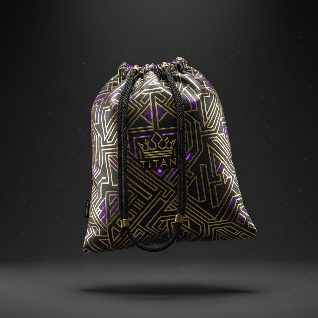 Titan cinch sack in black with gold geometric pattern, purple accents, black cord straps, and branded crown logo.