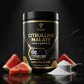 Black tub of TITAN Citrulline Malate with gold text, watermelon slices, and a scoop of white powder on a dark surface.