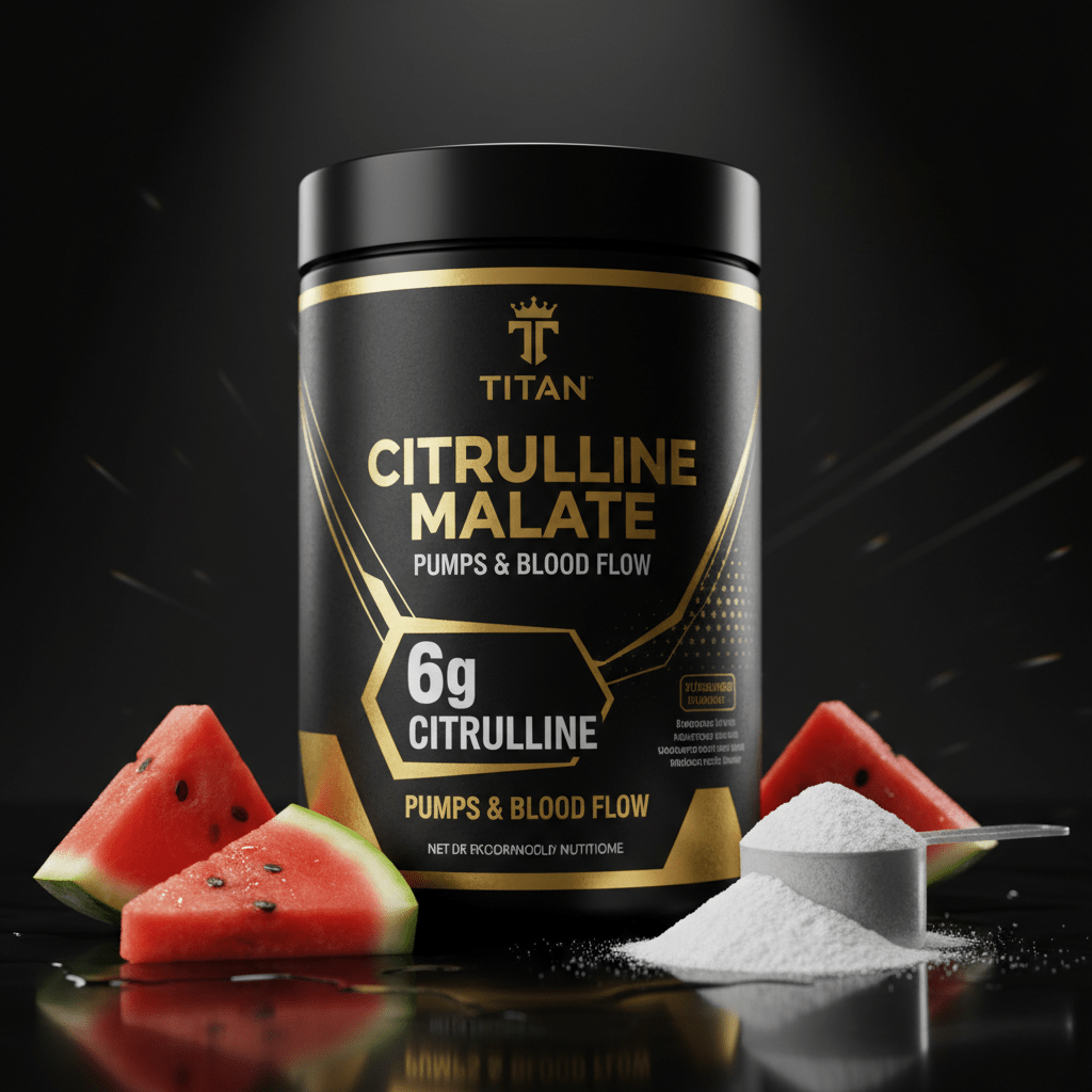 Black tub of TITAN Citrulline Malate with gold text, watermelon slices, and a scoop of white powder on a dark surface.
