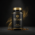 Black bottle of TITAN CLA with gold text and cap, surrounded by gold sparkles and gel capsules on a dark surface.