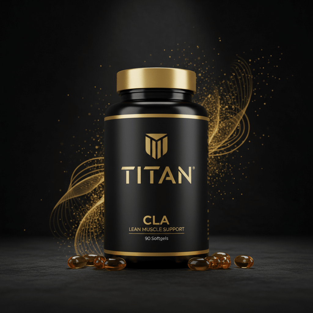 Black bottle of TITAN CLA with gold text and cap, surrounded by gold sparkles and gel capsules on a dark surface.