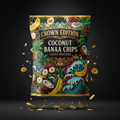TITAN Coconut Banana Chips in a vibrant tropical, art-deco bag with palm trees, waves, and gold accents on black.