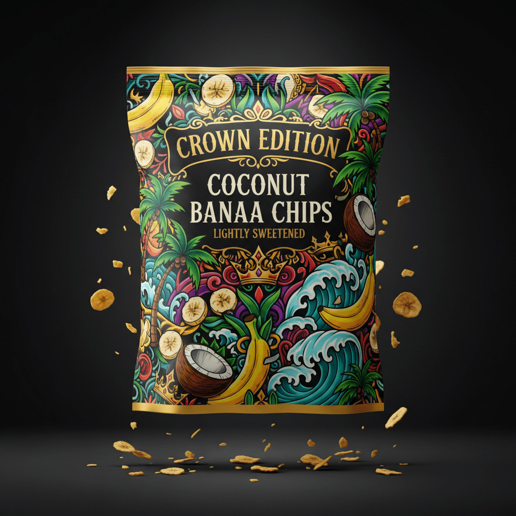 TITAN Coconut Banana Chips in a vibrant tropical, art-deco bag with palm trees, waves, and gold accents on black.