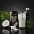 TITAN Coconut Water Powder tub, white drink with splash, scoop of powder, coconut half, and green palm leaves on black.