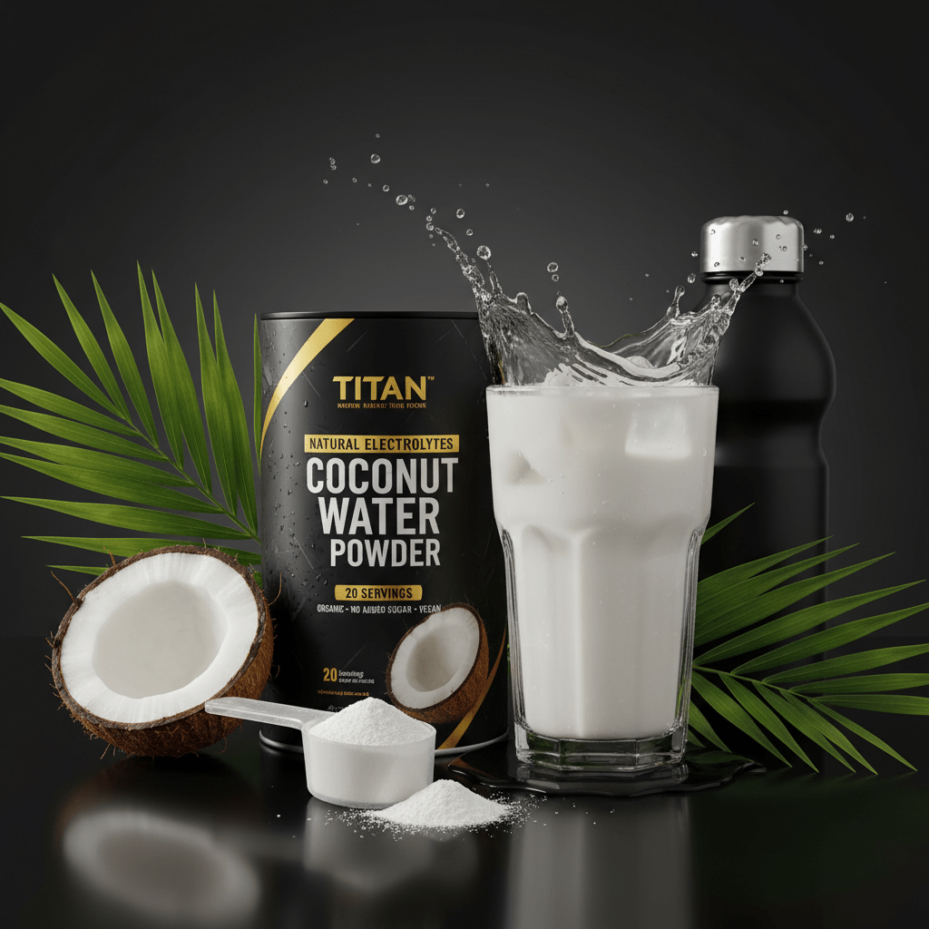 TITAN Coconut Water Powder tub, white drink with splash, scoop of powder, coconut half, and green palm leaves on black.