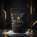 Black pouch of TITAN Collagen Peptides with gold logo and text, set against a dark background with gold accents.