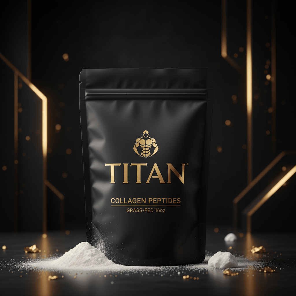 Black pouch of TITAN Collagen Peptides with gold logo and text, set against a dark background with gold accents.