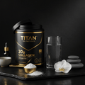 TITAN Collagen Peptides black and gold jar with a gold scoop, glass of water, zen stones, and orchid on slate.