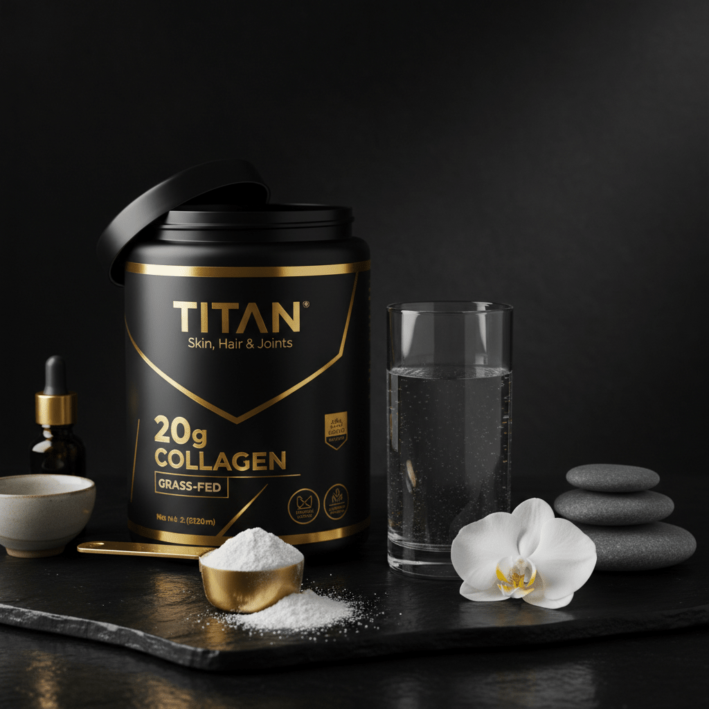 TITAN Collagen Peptides black and gold jar with a gold scoop, glass of water, zen stones, and orchid on slate.